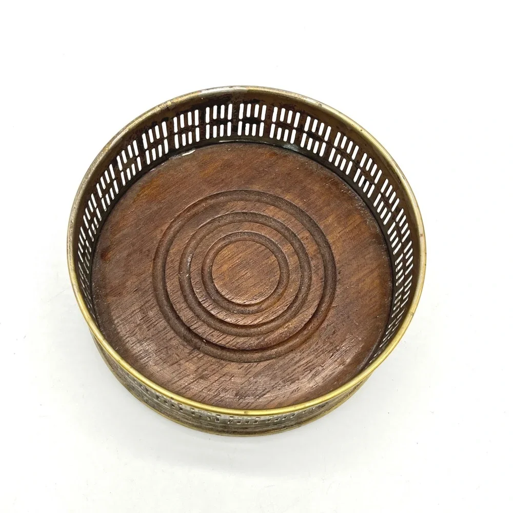 Vintage Brass Tone Pierced Wine Bottle Coaster Wood Base 5.5 Inch Ornate Barware
